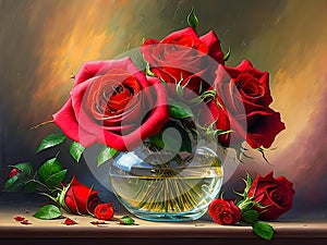 Red rose in vase on table. Still life roses flowers in vase. bouquet of red pink roses over wooden table. Picture oil paints on