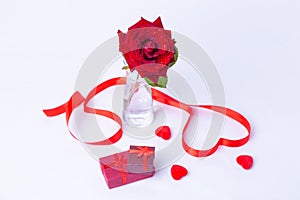Red rose in a vase on a white background. Heart made of red ribbon, red hearts, gift boxes. Valentine`s Day.