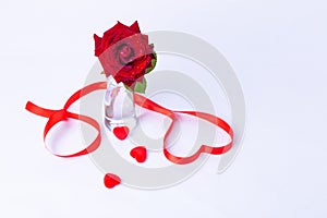 Red rose in a vase on a white background. Heart made of red ribbon, red hearts. Valentine`s Day. Close-up, selective focus