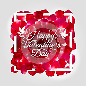 Red rose vector petal square frame isolated on white background. Greeting card Happy Valentines Day. Eps 10