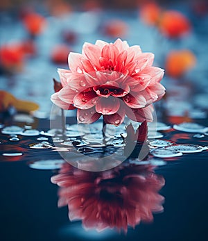 A red rose with water droplets floating on water with dark moody lighting