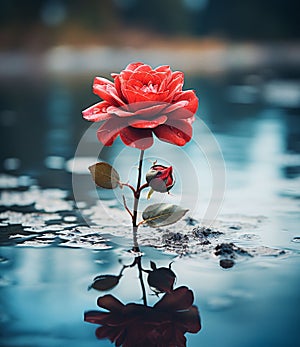 A red rose with water droplets floating on water with dark moody lighting