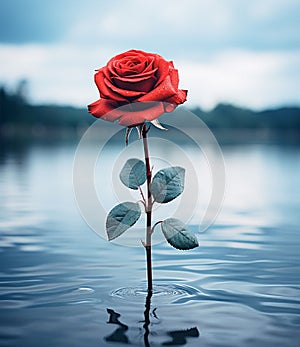 A red rose with water droplets floating on water with dark moody lighting