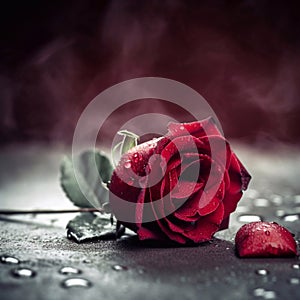 Red rose with water drops on a black background. Copy space. Generative AI