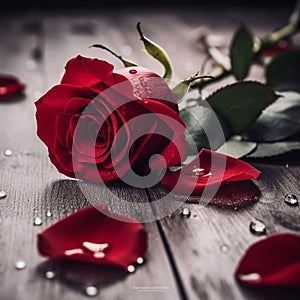 Red rose with water drops on wooden background. Valentine's day concept. Generative AI