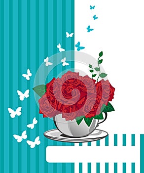 Red rose in a white cup. Happy birthday card