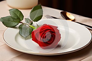 Red rose on white dish on wooden background. Love concept