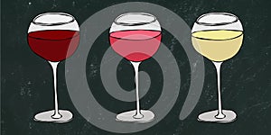 Red, Rose and White Vine in a Glass. Black Board Background and Chalk. Hand Drawn Vector Illustration. Savoyar Doodle Style.