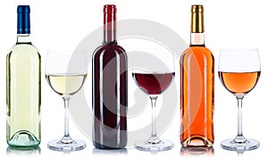 Red rose and white wine bottles glass alcohol drink isolated