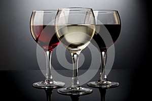 Red, rose and white wine glasses in a black background