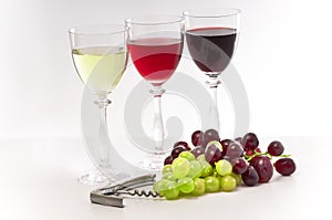 Red, rose and white wines with grapes.