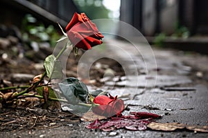 a red rose wilting on a garden path
