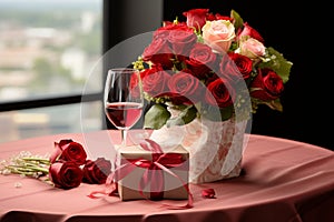 Red rose, wine, and a gift box   timeless Valentines Day symbols