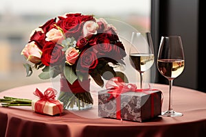 Red rose, wine, and a gift box   timeless Valentines Day symbols