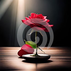 Red rose on wooden table with black background.