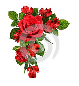 Red roses and alstroemeria flowers in a floral corner arrangement