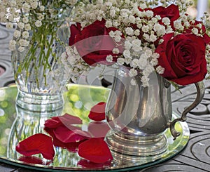 Red Roses and Baby`s Breath in Pewter Mug