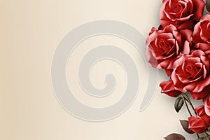 Red roses on beige paper background with copy space card. St. Valentine's day poster. AI Generated