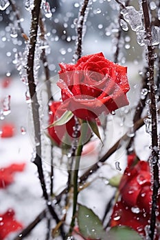 Red roses bloom and freeze in the garden during snowfall