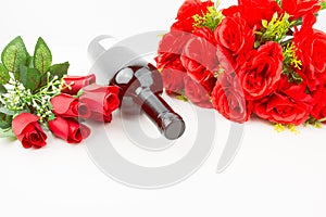 Red Roses Bouquet And Red Wine Bottle