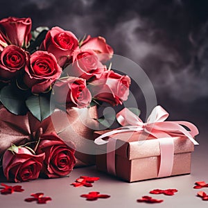 Red roses and a box, a gift with a bright bow. Heart as a symbol of affection and