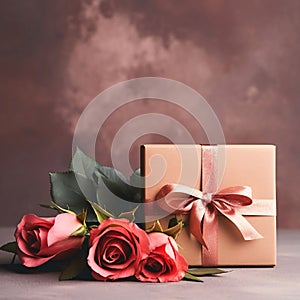 Red roses and a box, a gift with a bright bow. Heart as a symbol of affection and