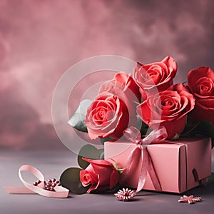 Red roses and a box, a gift with a bright bow. Heart as a symbol of affection and