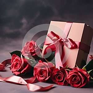 Red roses and a box, a gift with a dark bow. Heart as a symbol of affection and