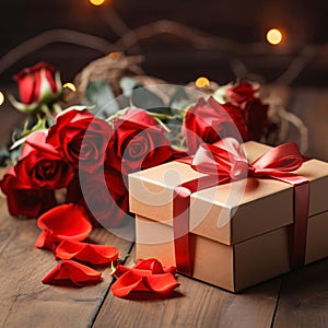 Red roses and a box, a gift with a red bow on a wooden table. Heart as a symbol of affection and