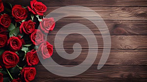 red roses on brown wooden table background with copy space for decorative design element. generative AI