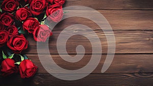 red roses on brown wooden table background with copy space for decorative design element. generative AI