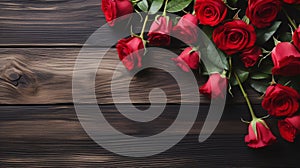 red roses on brown wooden table background with copy space for decorative design element. generative AI