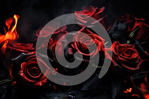 Red roses burning with water drops on black background