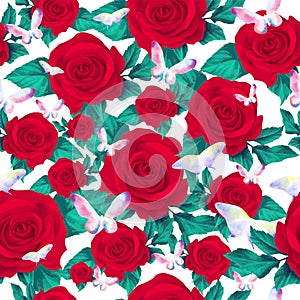 Red roses and butterfly seamless pattern