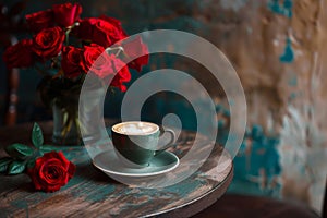 red roses and coffee cup on the tabel in old retro cafe. brown and gray colors