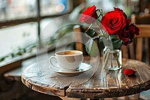 red roses and coffee cup on the tabel in old retro cafe. brown and gray colors