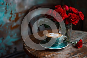 red roses and coffee cup on the tabel in old retro cafe. brown and gray colors