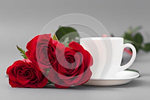 Red roses with a coffee cup of white color on a gray background