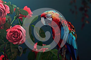 red roses and a colorful parrot