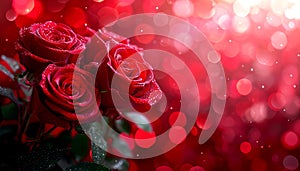 red roses with dew drops against a sparkling red bokeh background .