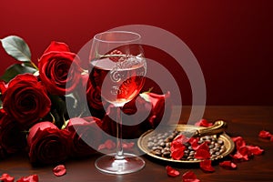 Red roses and an empty red wine glass create a Valentines dining scene