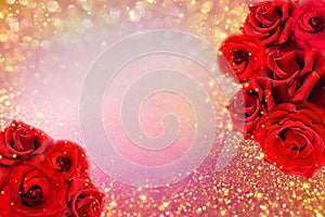 Red roses flower border on soft gold glitter background for valentine or invitation wedding card