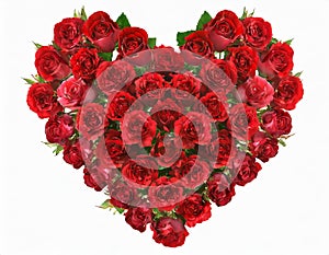Red roses flowers in heart shape bouquet isolated on white