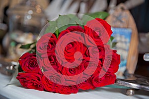 Red roses flowers with valentine festival and beautiful blur bouquet background . 8 marc . Very beautiful Red roses flowers . Soft