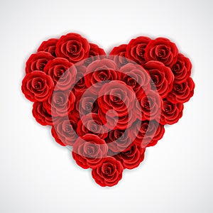 Red roses in form of heart. Rose decoration element for wedding invitation, postcard, greeting card or valentine day