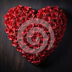 Red roses forming a heart on a wooden background. Heart as a symbol of affection and love