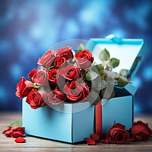 Red roses in gift box on blue background. Mother\'s Day or Valentine\'s Day gift