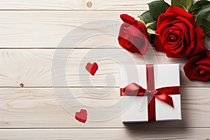 red roses and gift box with bow on white wooden background top view, valentines day floral template with copy space