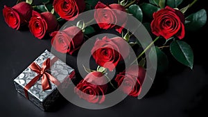 Red roses and gift box on a dark surface