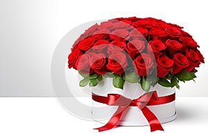 Red roses in gift box with ribbon bow decoration on white background